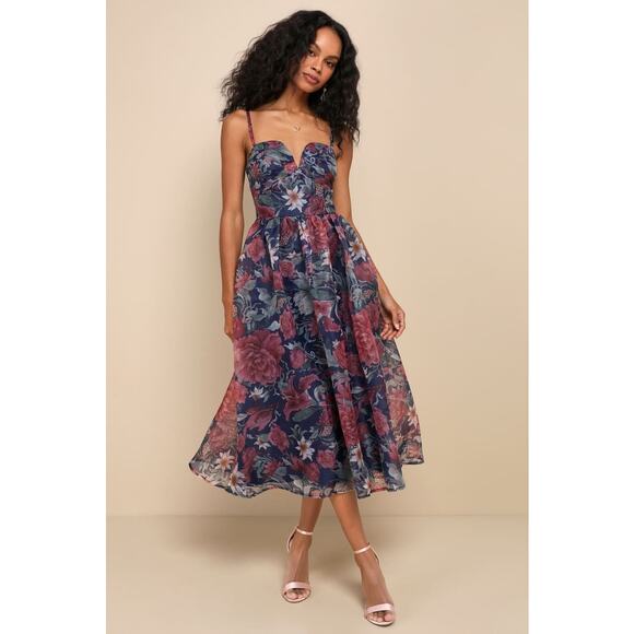 NWT Lulus Cherished Aura Navy Blue Floral Organza Bustier Midi Dress Sundress L - Picture 1 of 6